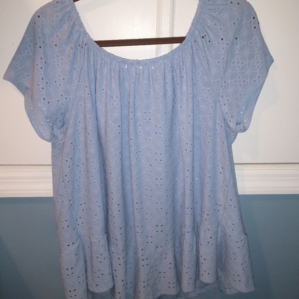 baby blue blouse off the shoulders